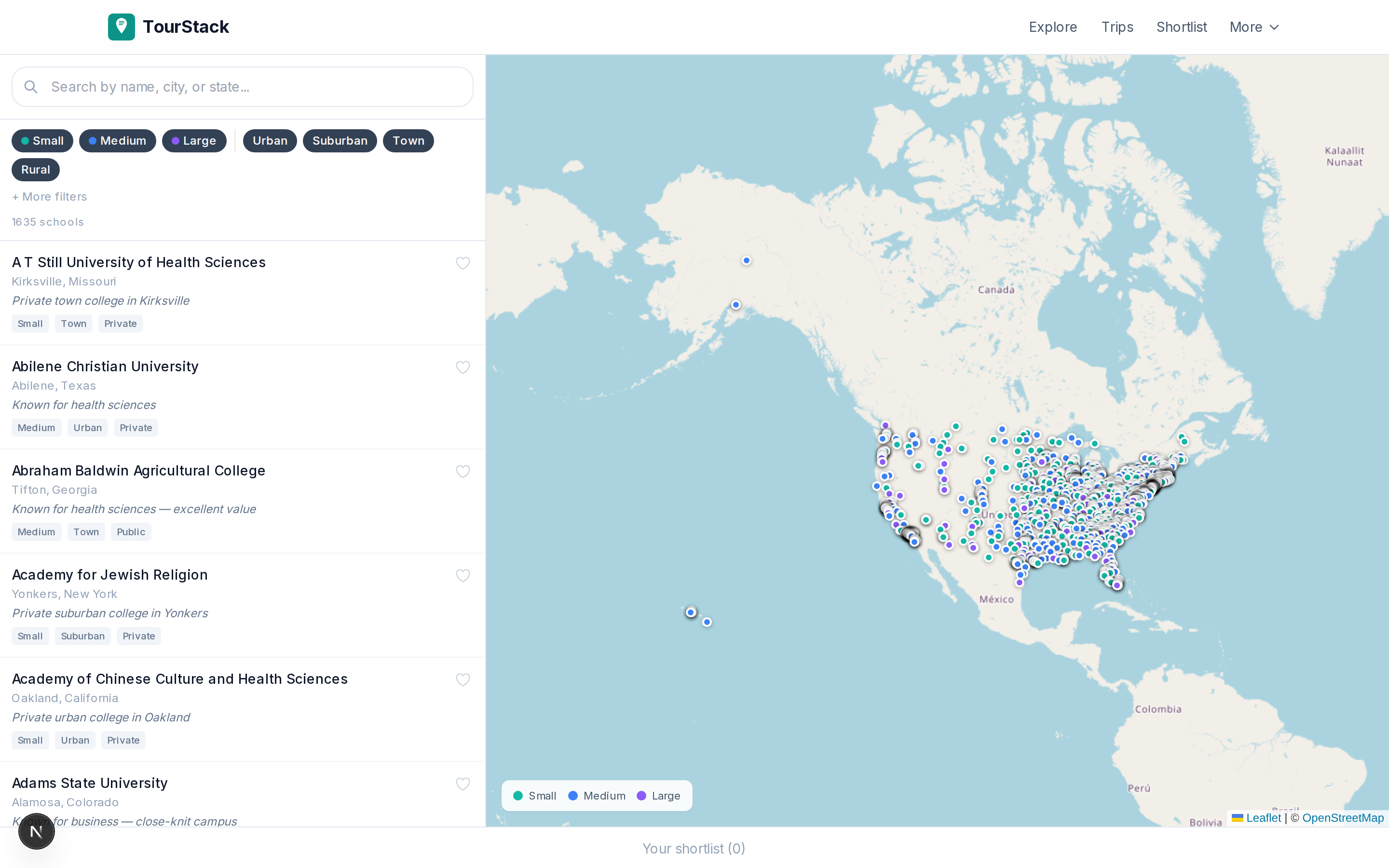 TourStack interactive map of colleges with filters and search